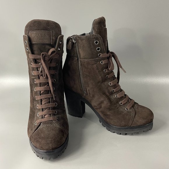 Authentic Prada Sport Brown Suede Lace-up Platform Boots, Size 37 - Picture 1 of 15